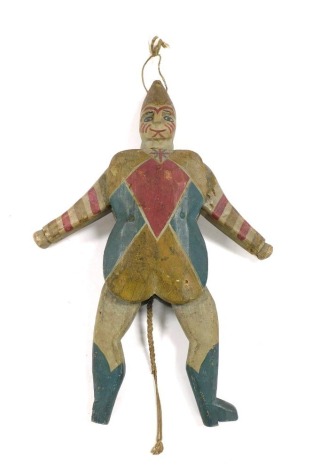 A 19thC Jumping Jack wooden toy, with pull string, 32.5cm high. (AF)