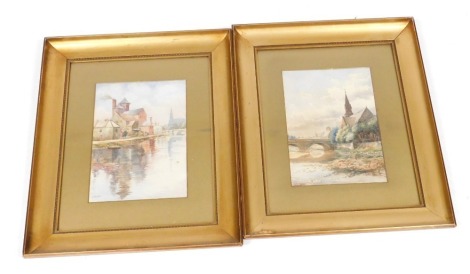 KM Hopper (British, early 20thC). Townscape, with river and church; riverscape with factory and church, pair of watercolours, signed, 32.5cm x 23.5cm.