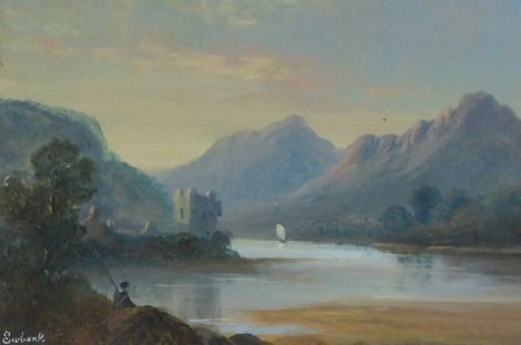 Manner of John Wilson Ewbank (British, 1799-1847). Scottish mountain landscape with a loch and castle, gouache, 13cm x 19.5cm.