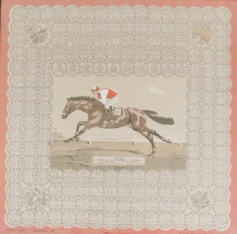 A Welch Margetson and Company Ltd winners of the Derby commemorative scarf 1959, featuring Parthia, owned by Sir Humphrey de Trafford, framed and glazed, 89cm x 89cm.