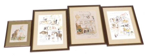 After Geoffrey Mark Huskinson (British, 1935-2018). Three cartoons, limited edition prints, signed, comprising a Fathers Advice to his Son and a Fathers Advice to his Daughter, 38 x 28cm, a Country Seat, 38cm x 28cm, and the Judges, 21.5cm x 18.5cm.