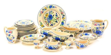 A group of Masons Regency pattern dinner wares, including sauce and gravy boats, dinner, dessert and side plates. (qty)