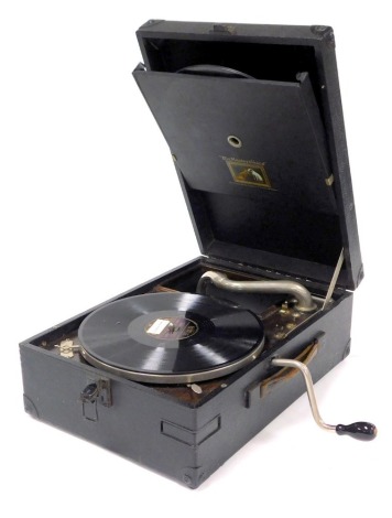 An HMV black cased table top gramophone.