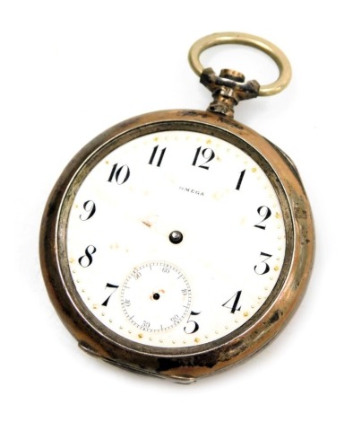 An Omega gentleman's pocket watch, open faced, keyless wind, circular enamel dial bearing Arabic numerals, subsidiary seconds dial, the bi-coloured metal case with engine turned decoration, vacant shield reserve, stamped 800. (AF)