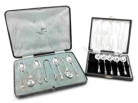 A set of six George V silver coffee spoons and sugar tongs, cased, Walker & Hall, Sheffield 1931, and five Elizabeth II silver coffee spoons, cased, Sheffield 1960, 4.20oz.