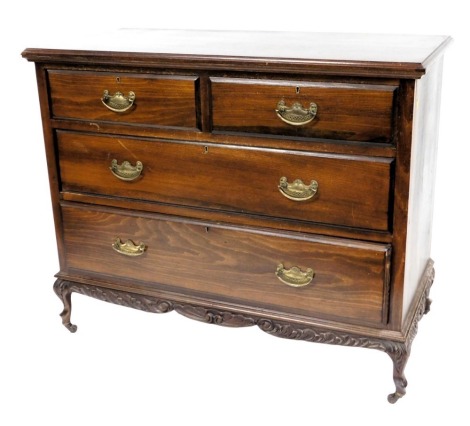 A Victorian mahogany chest, by Palfree Limited, Furniture Makers and Upholsterers Nottingham, of two short over two long graduated drawers, raised on cabriole legs, on castors, bears label to top left drawer, 94cm high, 115cm wide, 54cm deep.