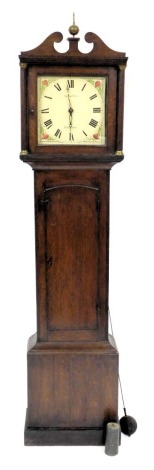 A George III oak longcase clock, with a square dial, later re-painted, marked Spendlove, Thetford, dial bearing Roman numerals, two train movement, with bell strike, the hood with a broken arch pediment with central brass finial, raised on brass capped, f