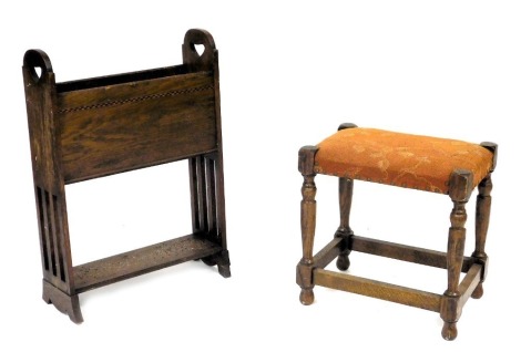 A Victorian oak and inlaid magazine trough, raised on straight end supports, united by an under tier, 72.5cm high,.51cm wide, 17cm deep, together with an oak and upholstered stool, raised on turned supports united by a box stretcher, 46cm wide. (2)