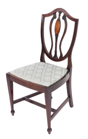 A George III Hepplewhite period shield back single dining chair, with satinwood inlay and boxwood line inlay, with drop in seat, raised on tapering square legs, on splayed feet, united by a H frame stretcher.