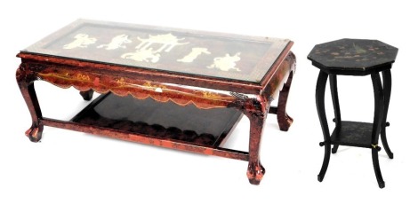 A Chinese red lacquer coffee table, of rectangular section, the top overlaid in mother of pearl with figures in a garden, above a shaped frieze, raised on four cabriole legs and claw feet, united by an under tier, 43cm high, 104cm wide, 53cm deep, togethe