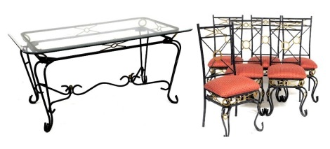 A Roman style modern dining suite, comprising a glass topped dining table, raised on a cast iron base, 72cm high, 152cm wide, 91.5cm deep, together with six cast iron framed dining chairs, with patterned red fabric cushioned seats.