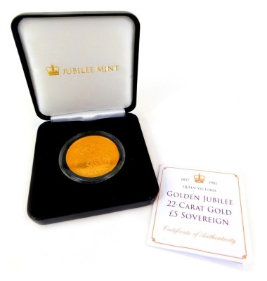 A Queen Victoria five pound sovereign 1887, 39.94g, in fitted case with certificate of authenticity.