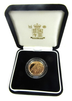 An Elizabeth II Jersey gold proof twenty five pound coin, dated 2002 for the Golden Jubilee, 8g, No 49, in fitted case with certificate of authenticity.