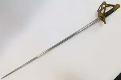 An early 19thC French Cuirassier trooper's sword, possibly 1816 pattern, with leather grip and brass pommel and guard, straight double fullered blade, inscribed to the back, date mark rubbed, and black Japanned metal scabbard, with two hanger rings, lengt - 3