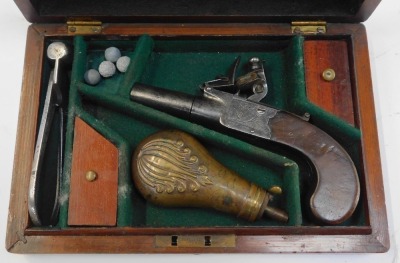 An 18thC boxlock flintlock pocket pistol by Howe of Colchester, with walnut grip and retractable trigger, bears proof marks, engraved Howe Colchester, 16.2cm long overall, contained in an oak case with brass cartouche, 24cm wide, containing lead shot moul - 2