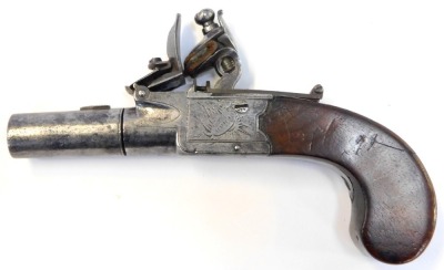 An 18thC boxlock flintlock pocket pistol by Howe of Colchester, with walnut grip and retractable trigger, bears proof marks, engraved Howe Colchester, 16.2cm long overall, contained in an oak case with brass cartouche, 24cm wide, containing lead shot moul - 3