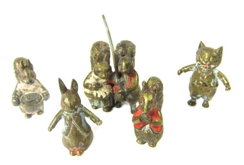 A group of Beatrix Potter cold painted bronze figures, comprising Peter Rabbit, 3cm high, Tom Kitten, Timmy Tiptoes, squirrel holding basket, and two squirrels holding parasol handle. (6)