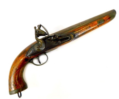 An early 19thC Belgian Sea Service flintlock pistol, with steel barrel stamped ELG (Belgian proof marks), walnut stock and brass lanyard ring, 38.5cm long.