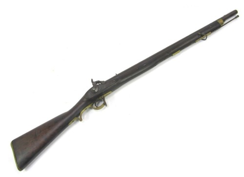 A 19thC percussion musket, with steel ramrod, brass trigger guard and furniture, wooden stock, with two later sling loops, 115cm long overall.