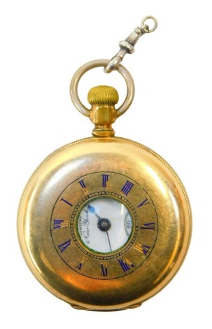 A gentleman's half Hunter pocket watch, for Brothers Limited, New York, keyless wind, circular enamel dial bearing Roman numerals, subsidiary seconds dial, no. 535946, the case of plain form, stamped 14K stiffened.