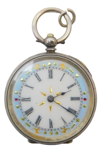 An early 20thC lady's pocket watch, open faced, key wind, circular blue and white enamel dial bearing Roman numerals, case with engraved floral and foliate decoration, vacant shield reserve, yellow metal stamped 935, 35.2g all in.