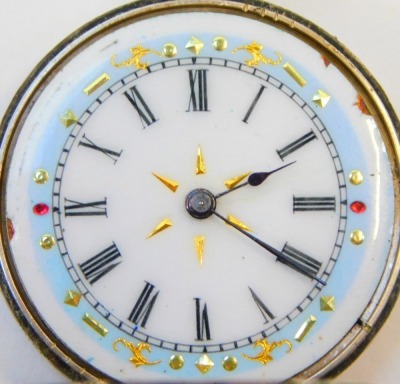 An early 20thC lady's pocket watch, open faced, key wind, circular blue and white enamel dial bearing Roman numerals, case with engraved floral and foliate decoration, vacant shield reserve, yellow metal stamped 935, 35.2g all in. - 2