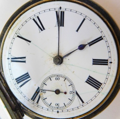 A Victorian silver gentleman's pocket watch, keywind, enamel dial bearing Roman numerals, subsidiary seconds dial, by Thurlow of Ryde, no. 40131, with engraved sunburst decoration, monogram engraved, 1884, 94.3g all in. (AF) - 2