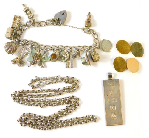 A group of silver and other wares, comprising a silver ingot pendant, silver charm bracelet with assortment of charms, silver curb link chain, 120.4g all in, and a pair of unmarked cufflinks.