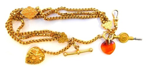 A Victorian watch chain, of three sectional chain design, with scroll brakes and mould with two drop sections, one set with love heart the other with agate and watch key, with T bar and clip, yellow metal stamped 9ct to clip, 25cm long, 22.1g all in.