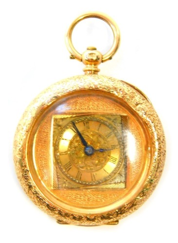 A Victorian 14ct gold pocket watch, open faced, key wind, the dial with chapter ring bearing Roman numerals, within an engine turned circular surround, the case with enamel set floral and foliate decoration, yellow metal stamped 14k, 33g all in.