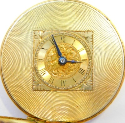 A Victorian 14ct gold pocket watch, open faced, key wind, the dial with chapter ring bearing Roman numerals, within an engine turned circular surround, the case with enamel set floral and foliate decoration, yellow metal stamped 14k, 33g all in. - 2