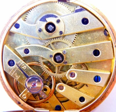 A Victorian 14ct gold pocket watch, open faced, key wind, the dial with chapter ring bearing Roman numerals, within an engine turned circular surround, the case with enamel set floral and foliate decoration, yellow metal stamped 14k, 33g all in. - 3