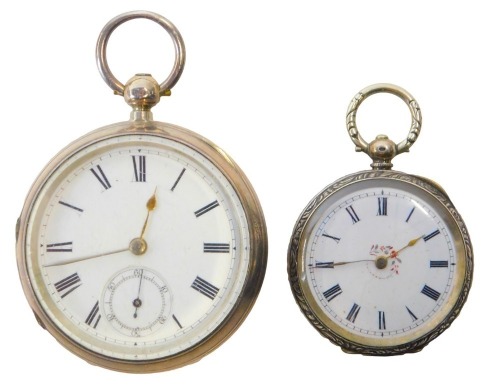 Two pocket watches, comprising a Victorian silver cased pocket watch with white enamel Roman numeric dial, two gold hands and a seconds dial, key wind, Chester 1890, 127.3g all in, and a Continental fob watch, white metal stamped 935, 171.8g all in. (2)