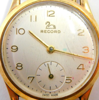 A Record 9ct gold cased gentleman's wristwatch, the circular watch head with a silvered dial with numbered border and seconds dial, on a plated bracelet, 41.3g all in, the dial 2.5cm diameter. - 2