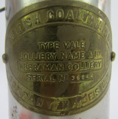 A British Coal Mining Company Wales miner's lamp, for Aberaman Colliery, number 36844, with swing handle, 24cm high. - 2