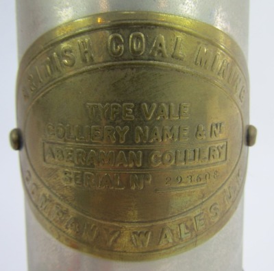 A British Coal Mining Company Wales miner's lamp, for Aberaman Colliery, number 293608, with swing handle, 23cm high. - 2