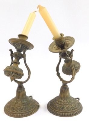 A pair of Victorian brass gimbal ship's wall mounted candle holders, each embossed with scrolls, repeat decoration, etc., 25cm high. - 3