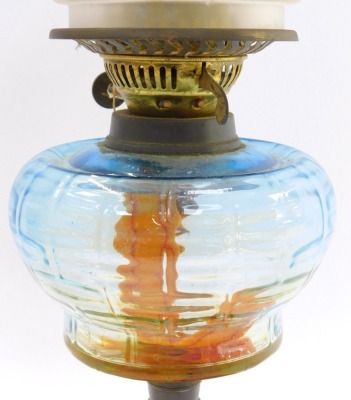 An early 20thC Duplex Art Nouveau oil lamp, an embossed copper base, blue glass reservoir, with chimney and floral frosted glass frilled shade, 56cm high. - 4