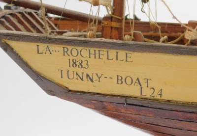 A wooden model of a fishing boat, named The Sainte Marie, La Rochelle 1883 Tunny Boat L24, on an oak stand, 68cm high. - 4