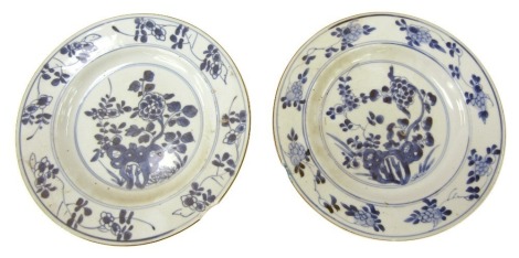 Two Qing Dynasty blue and white porcelain plates, each decorated centrally with floral motifs surrounded by an outer border of flowers, 22cm diameter. (AF)