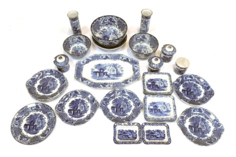 A group of G Jones & Sons Abbey pattern blue and white pottery, to include bowls, the largest 25cm diameter, serving plate, threaded wheat bowls, pair of cylindrical vases, 20cm high, rectangular dishes, etc. (a quantity)