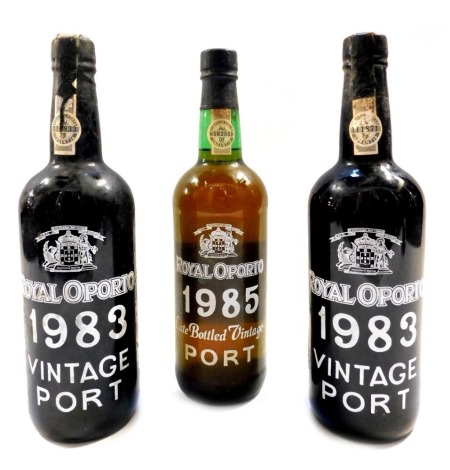 Three bottles of Royal Oporto Vintage Port, for 1983 (x2) and 1985.