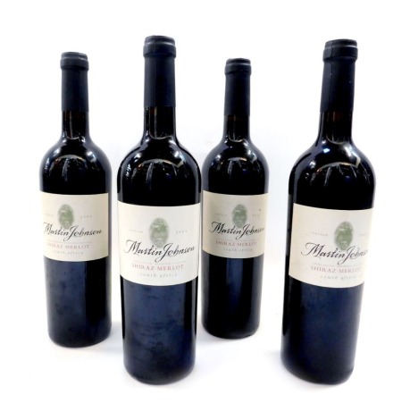 Four bottles of Martin Johnson Limited Edition Testimonial Collection Shiraz Merlot.