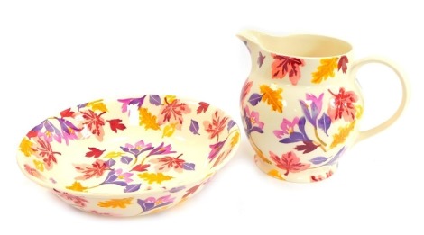 Two pieces of Emma Bridgewater pottery in the Autumn Crocus pattern, comprising six pint jug and bowl, the bowl 33cm diameter.