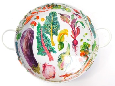 An Emma Bridgewater enamel two handled tray in the Vegetable Garden pattern, 39cm diameter, together with two small enamel tins in the Blossom and Forget Me Not and Primrose pattern, 10cm high. - 2