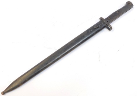 A British Army 1907 pattern bayonet, with wooden handle, and the steel scabbard, length of blade 38cm.