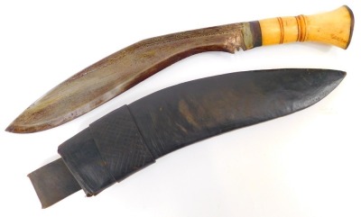 An Indian Kukri, with bone handle and curved steel blade, in black leather scabbard, length of blade 32.5cm. - 5