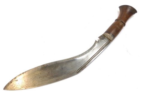 A Nepalese or Indian Kukri, with wooden handle and curved steel blade, together with a leather scabbard marked To J Bailey from WH Townend late Koyli 1945, length of blade 30cm.