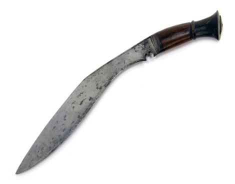 A Nepalese or Indian Kukri, with wooden handle, curved steel blade and brown leather scabbard bearing stamped CA19, length of blade 33cm.