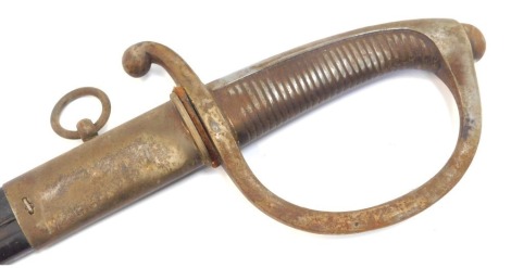 An early 19thC French Briquet infantry sword, with slightly curved blade, steel hilt and metal and leather scabbard, length of blade 64cm.